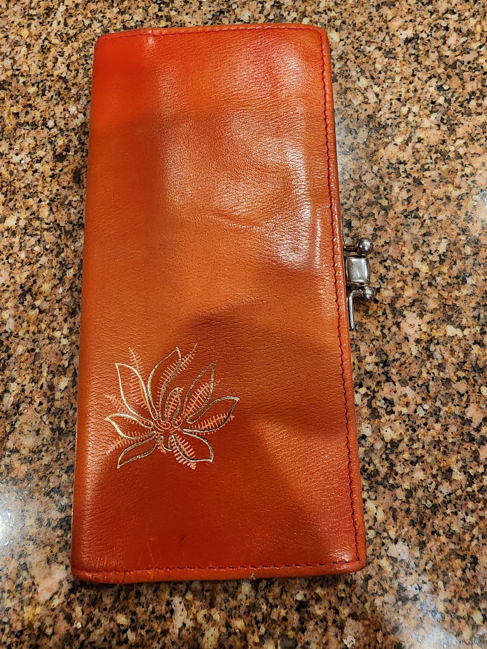 VTG Cambridge Orange Leather Clasp Wallet with Floral Accent